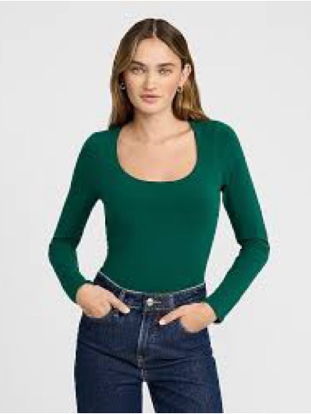 Express Women's Emerald Green Long Sleeve Scoop Neck Bodysuit